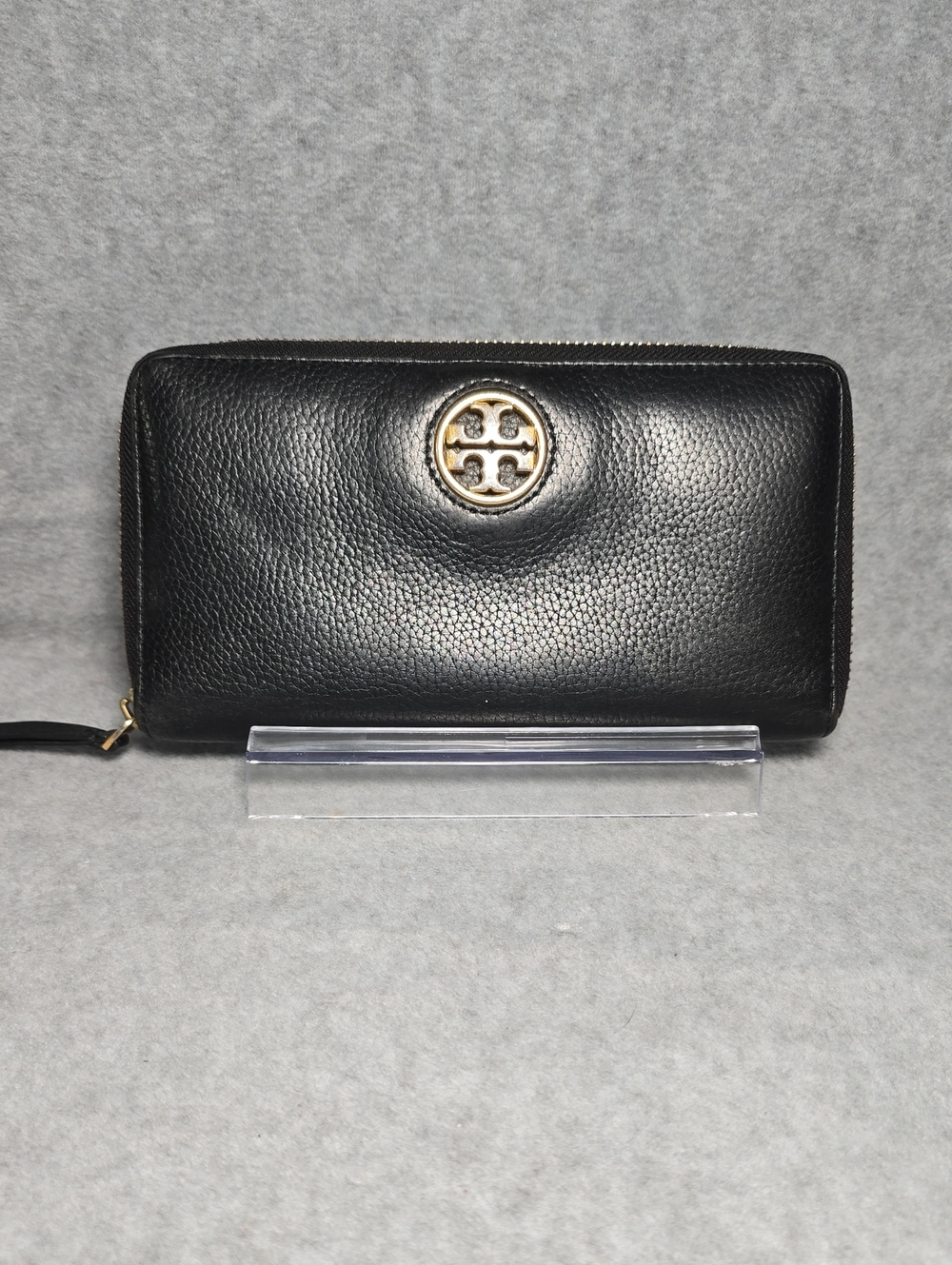 Tory Burch Black Leather Continental Long Zip Wallet with Gold Logo
